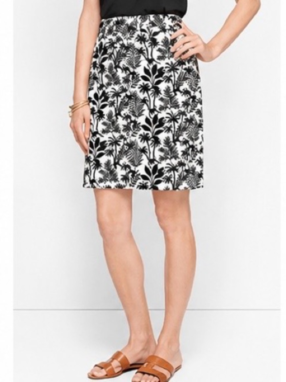 Talbots Ivory Black Tropical Palm Palm-Print A-Line Skirt Petite 8